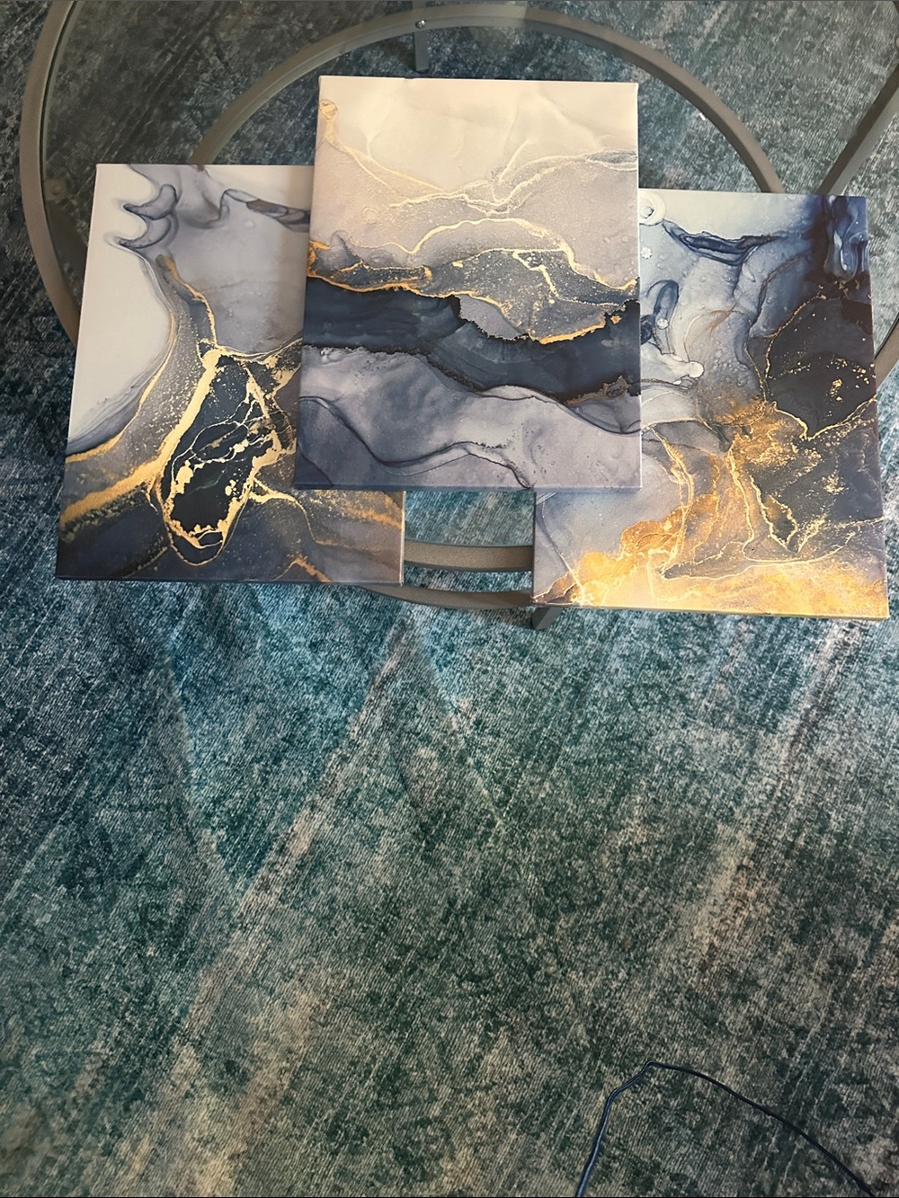 Abstract Blue & Gold Marble Wall Art Trio